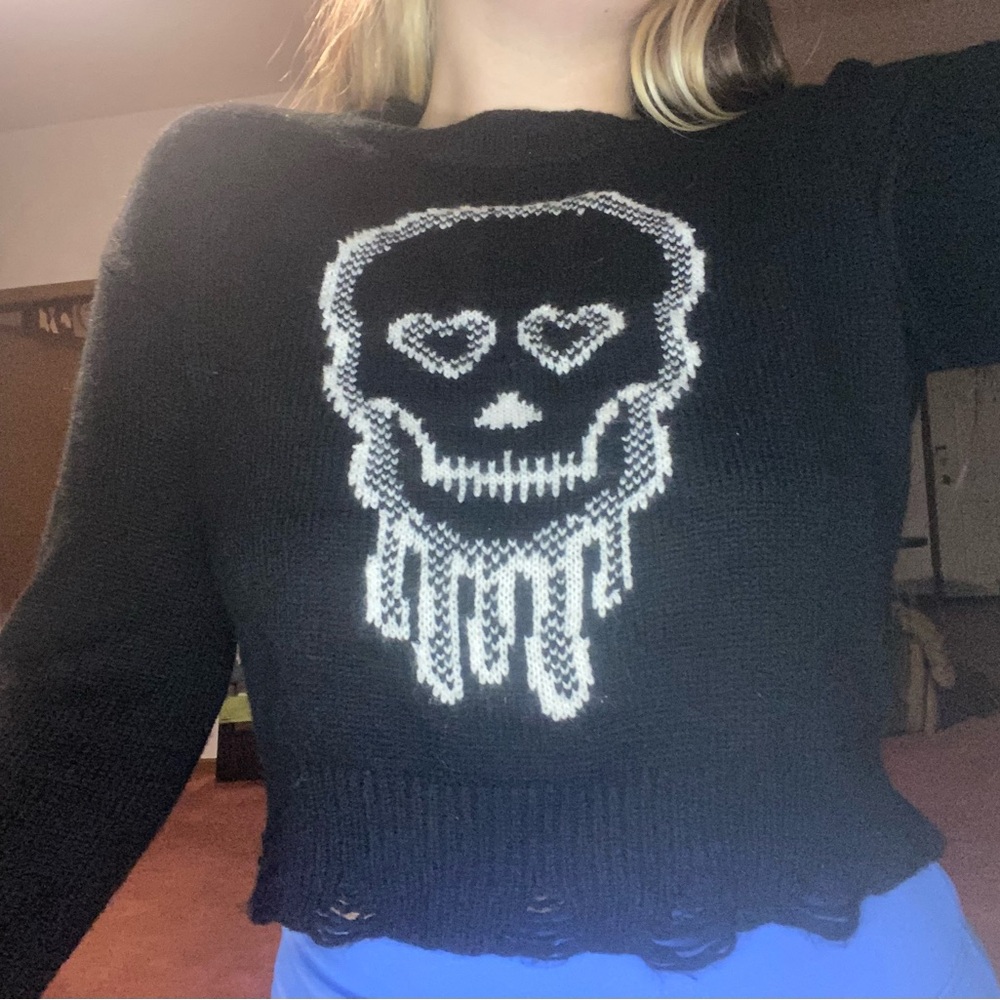 Almost Famous Black Sweater with White Skull Design